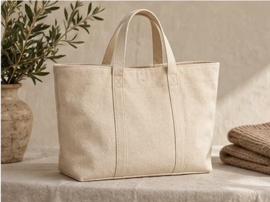 Cream canvas tote styled on a linen-covered table beside a folded knit, no model