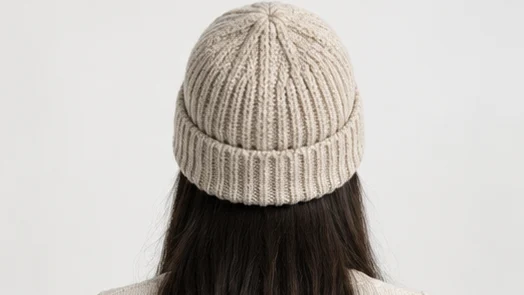 Ribbed beanie worn, back view