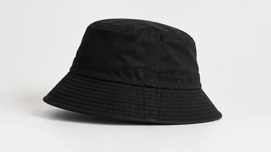 Black bucket hat studio side view