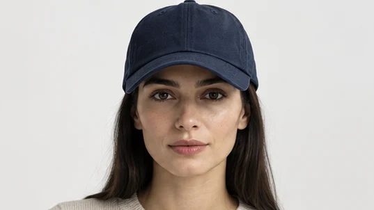 Navy cap worn by a model, front view