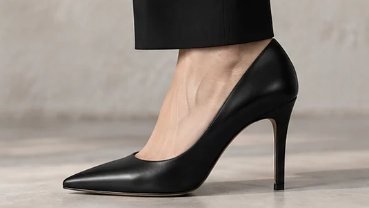 Close-up of the black pump on the foot