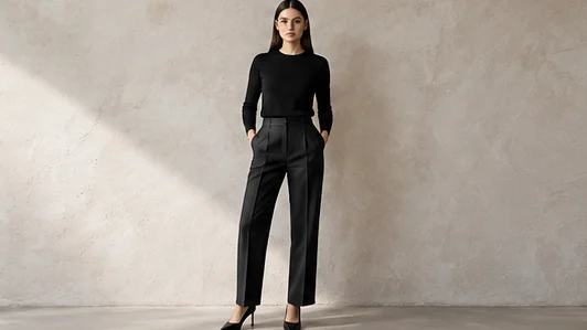 Black pumps worn by a model in a black outfit against a plaster wall