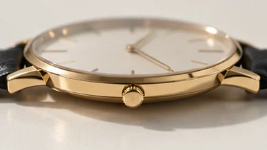 Low-angle close-up of the dress watch case with the crown in focus