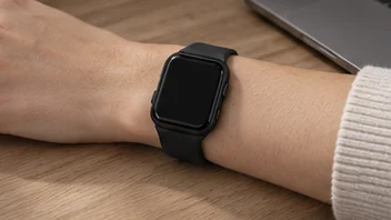 Smartwatch worn at a desk, front view of the wrist