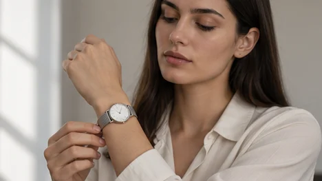 Mesh-strap wristwatch worn by a model adjusting a shirt sleeve