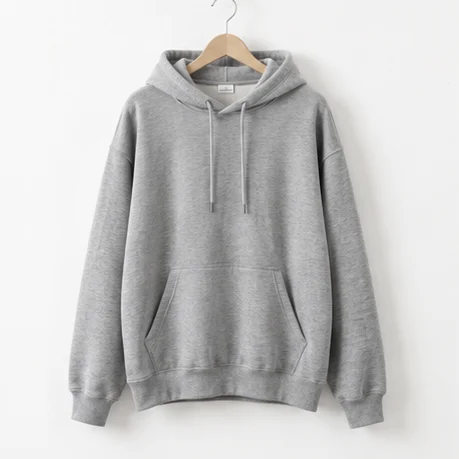 Grey hoodie on a wooden hanger, the source photo