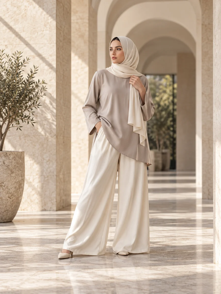 Hijab and headscarf look, worn on a model