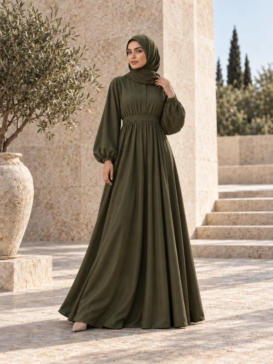 Long-sleeve modest dress, worn on a model
